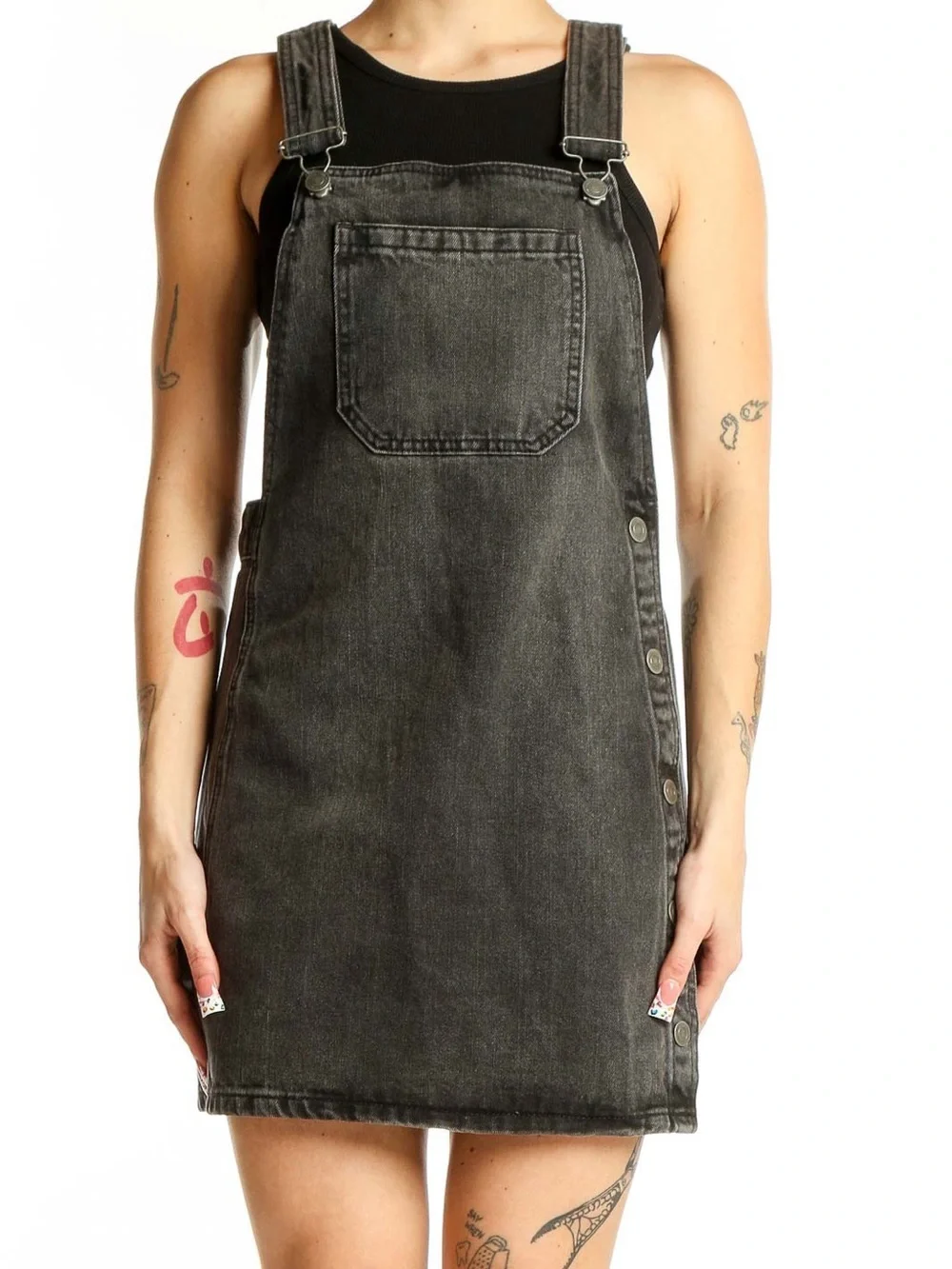 Free People Rocky Mountain Denim Overall Dress Charcoal Gray Sz 8 Snap Side Mini